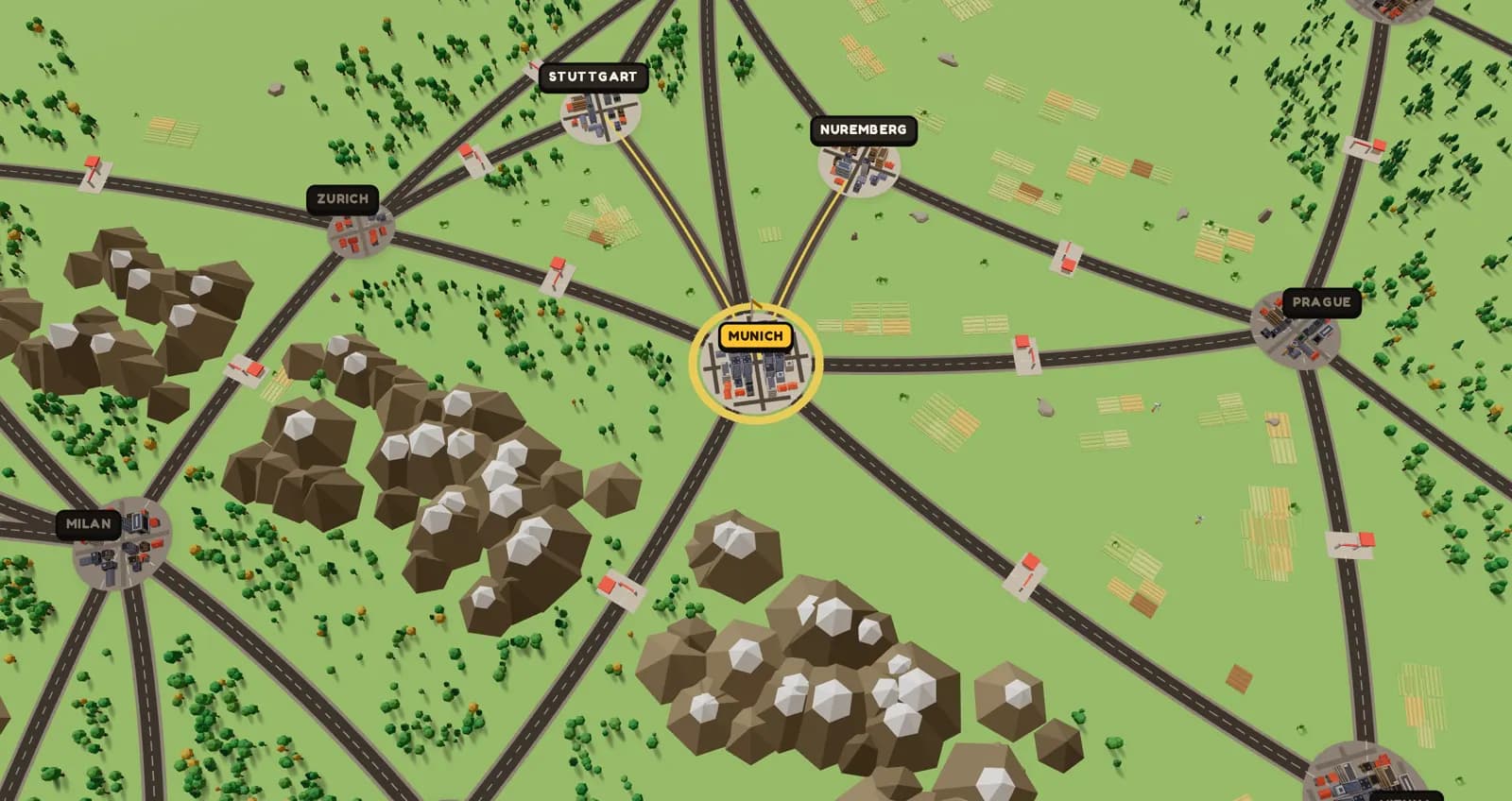 The map around Munich with the Alps, forests and fields