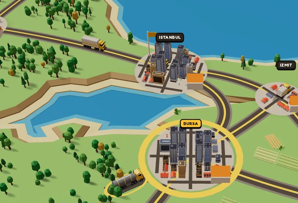 Close-up of the Convoy Tycoon map: trucks on the roads around Istanbul, Bursa and Izmit