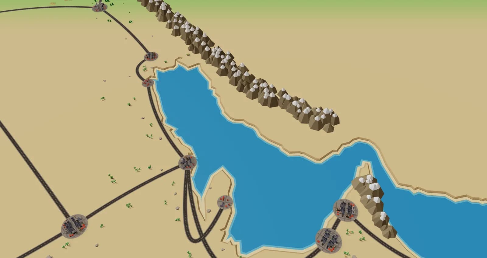 The Persian Gulf with desert cities, palm groves and mountains