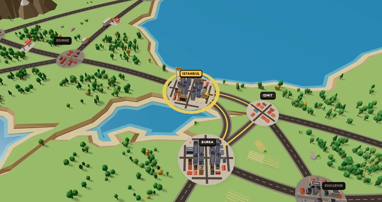 The Convoy Tycoon map around Istanbul: low-poly cities, roads, forests and trucks on the way